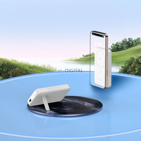 Wozinsky WLWP-10KA0Y3WS powerbank 1xUSB-A és 1xUSB-C csatlakozással kitámasztóval 10000mAh 22.5W PD Qi2 - fehér