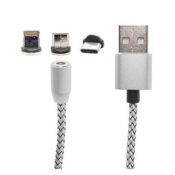 Kábel mágneses 3IN1 LIGHTNNG Type-c MICRO USB 1M SILVER