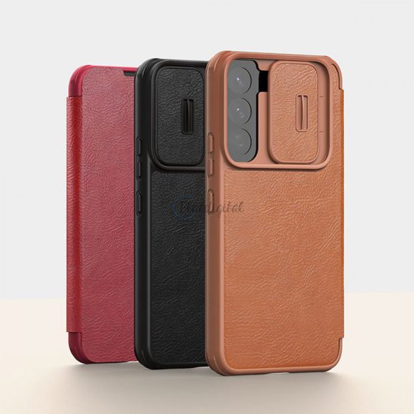 Nillkin Qin Leather Pro tok Samsung Galaxy S22 + (S22 Plus) Kameravédő telefontok Flip tok barna