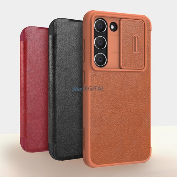 Nillkin Qin Leather Pro Case Samsung Galaxy S23 flipes tok elcsúsztatható kameravédővel barna