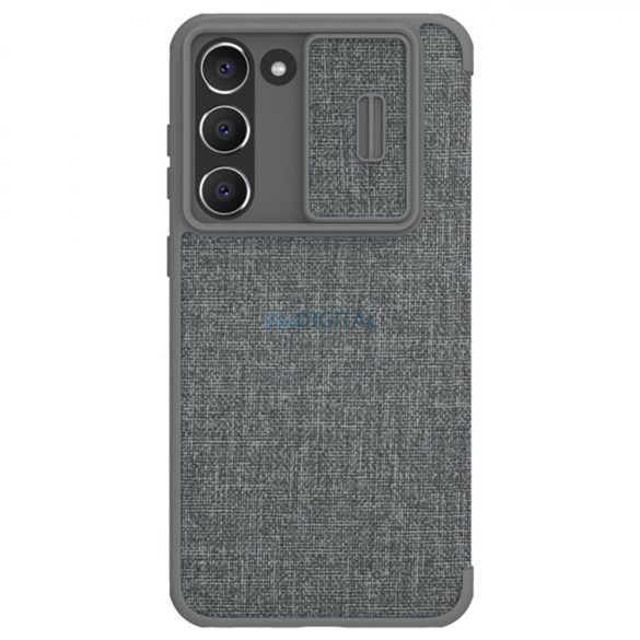 Nillkin Qin Cloth Pro Case Samsung Galaxy S23+ flipes tok elcsúsztatható kameravédővel szürke