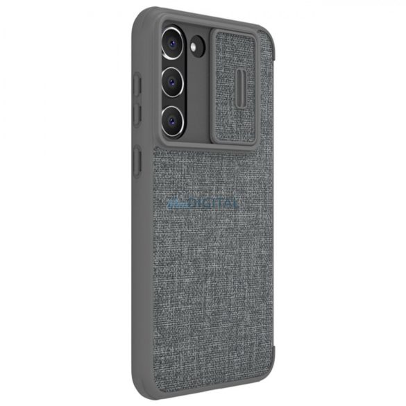Nillkin Qin Cloth Pro Case Samsung Galaxy S23+ flipes tok elcsúsztatható kameravédővel szürke