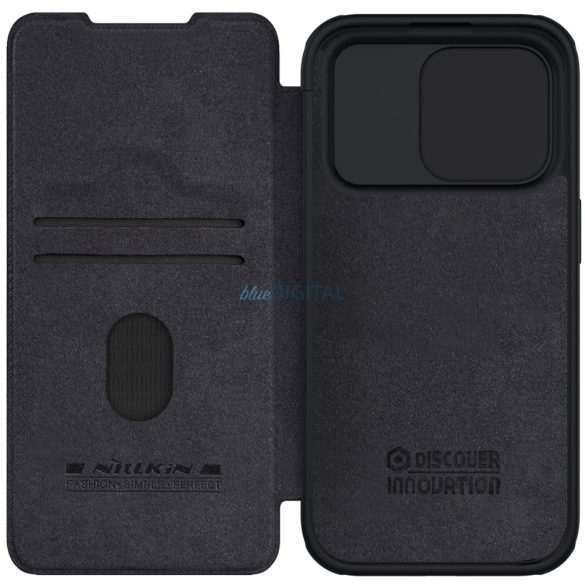 Nillkin Qin Pro bőr Flip kameravédővel iPhone 15 Pro - fekete tok