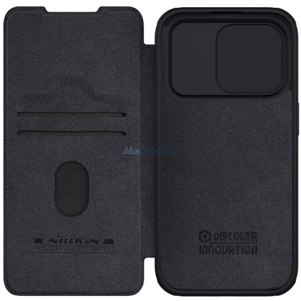 Nillkin Qin Pro bőr Flip Camera Cover tok iPhone 15 Pro Max - fekete