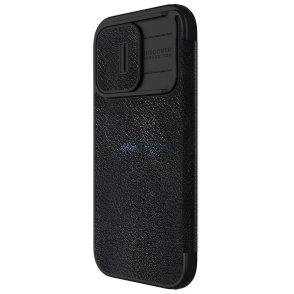 Nillkin Qin Pro bőr Flip Camera Cover tok iPhone 15 Pro Max - fekete