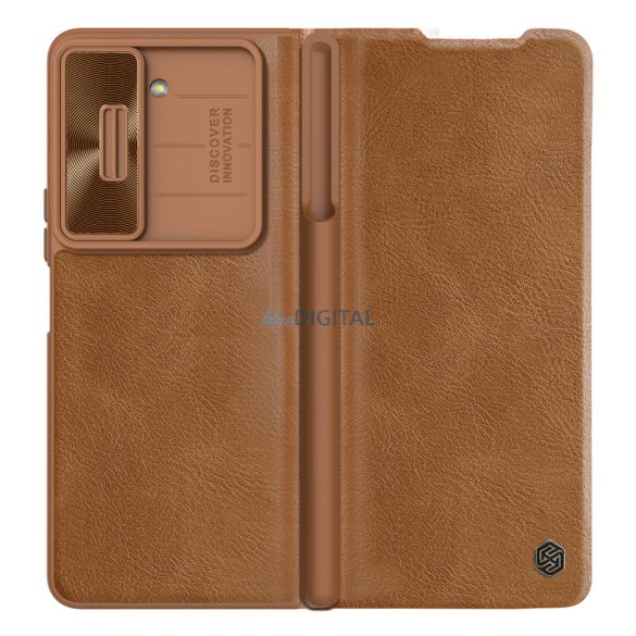 Nillkin Qin Leather Pro Samsung Galaxy Z Fold 5 Bőr Flip Case tok kamerafedéllel - Barna