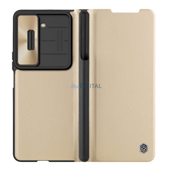 Nillkin Qin Leather Pro Samsung Galaxy Z Fold 5 Bőr Flipes tok kamerafedéllel - arany színben