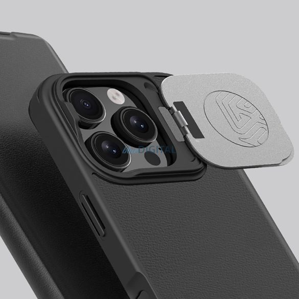 Nillkin Qin Prop Leather tok kamera lencse védővel és kitámasztóval iPhone 16 Pro - fekete