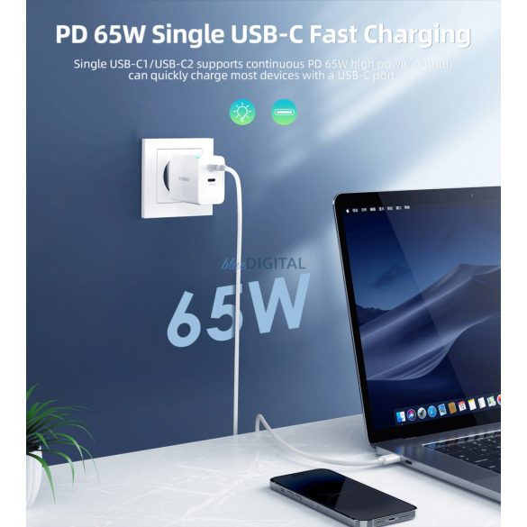 Choetech PD6013 hálózati töltő 2xUSB-C csatlakozással 65W GaN - fehér