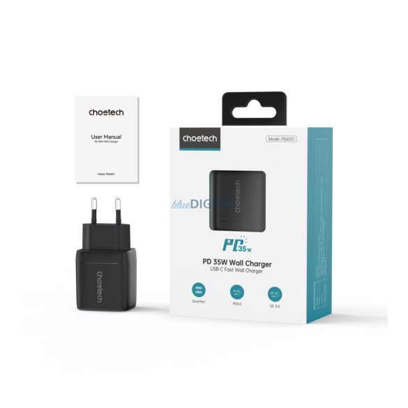 Choetech PD6051 hálózati töltő 2xUSB-C csatlakozással 35W GaN - fekete