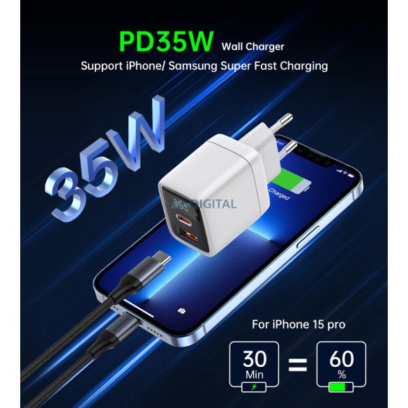 Choetech PD6052 hálózati töltő 1xUSB-A és 1xUSB-C csatlakozással 35W GaN - fehér