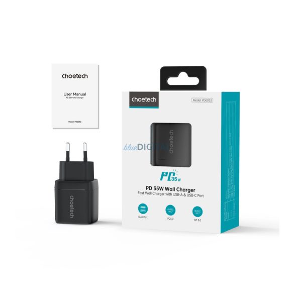 Choetech PD6052 hálózati töltő 1xUSB-A és 1xUSB-C csatlakozással 35W GaN - fekete