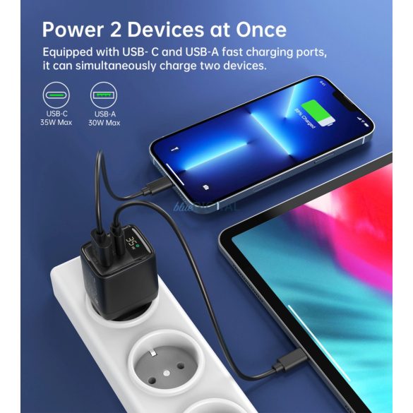 Choetech PD6052 hálózati töltő 1xUSB-A és 1xUSB-C csatlakozással 35W GaN - fekete