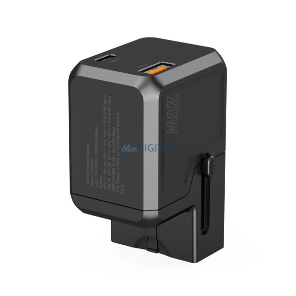 Choetech PD6038 utazó adapter és töltő 1xUSB-C és 1xUSB-A csatlakozóval 20W USA EU UK AU - Fekete