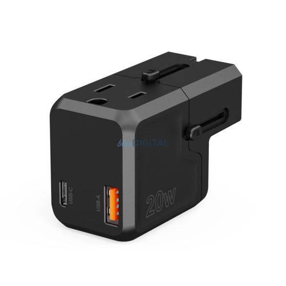 Choetech PD6038 utazó adapter és töltő 1xUSB-C és 1xUSB-A csatlakozóval 20W USA EU UK AU - Fekete