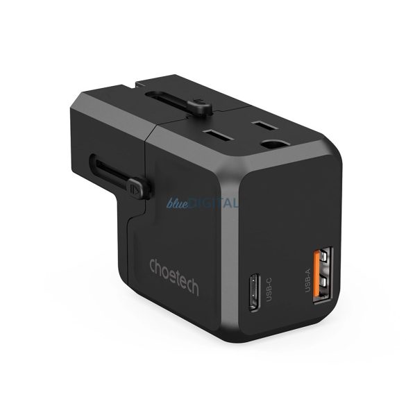 Choetech PD6038 utazó adapter és töltő 1xUSB-C és 1xUSB-A csatlakozóval 20W USA EU UK AU - Fekete