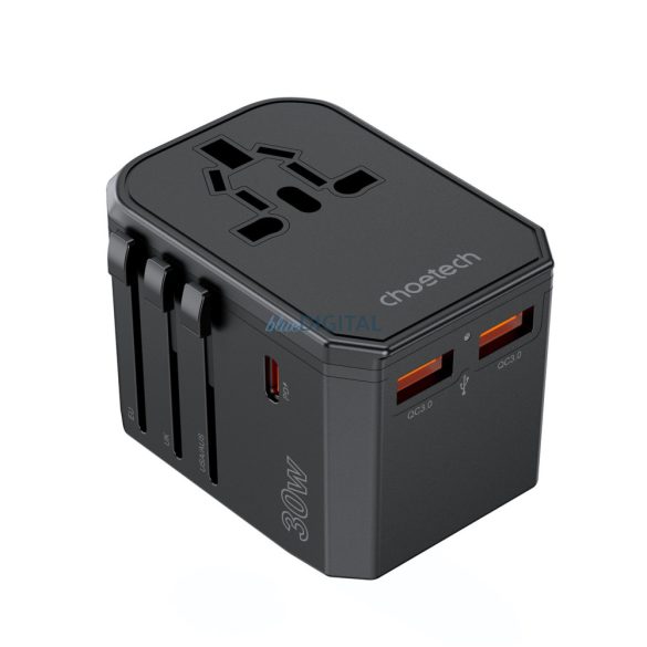 Choetech PD6041 utazó adapter és töltő 1xUSB-C és 2xUSB-A csatlakozóval 30W US EU UK AU - Fekete