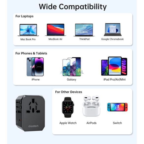 Choetech PD6041 utazó adapter és töltő 1xUSB-C és 2xUSB-A csatlakozóval 30W US EU UK AU - Fekete