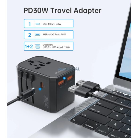 Choetech PD6041 utazó adapter és töltő 1xUSB-C és 2xUSB-A csatlakozóval 30W US EU UK AU - Fekete