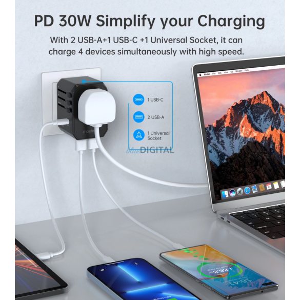 Choetech PD6041 utazó adapter és töltő 1xUSB-C és 2xUSB-A csatlakozóval 30W US EU UK AU - Fekete