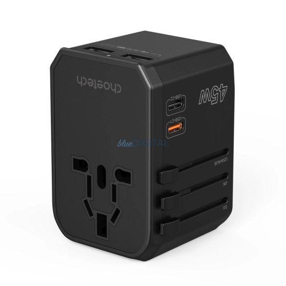 Choetech PD6045 utazó adapter és töltő 2xUSB-C és 2xUSB-A csatlakozóval 45W GaN US EU UK AU - Fekete