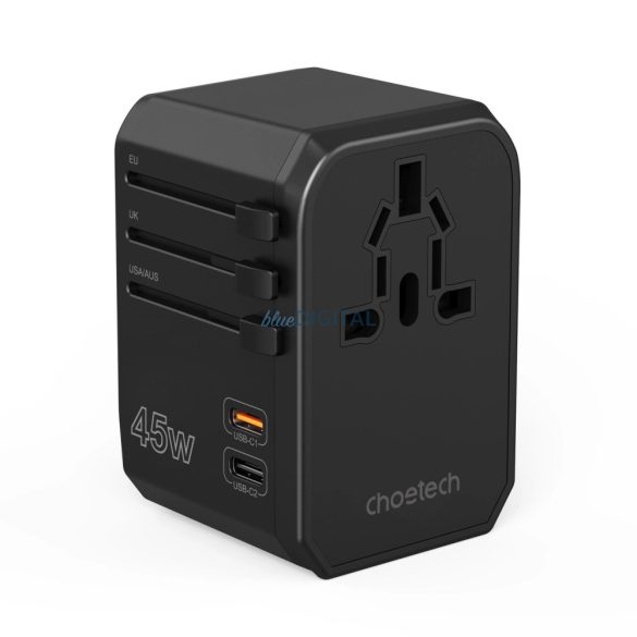 Choetech PD6045 utazó adapter és töltő 2xUSB-C és 2xUSB-A csatlakozóval 45W GaN US EU UK AU - Fekete