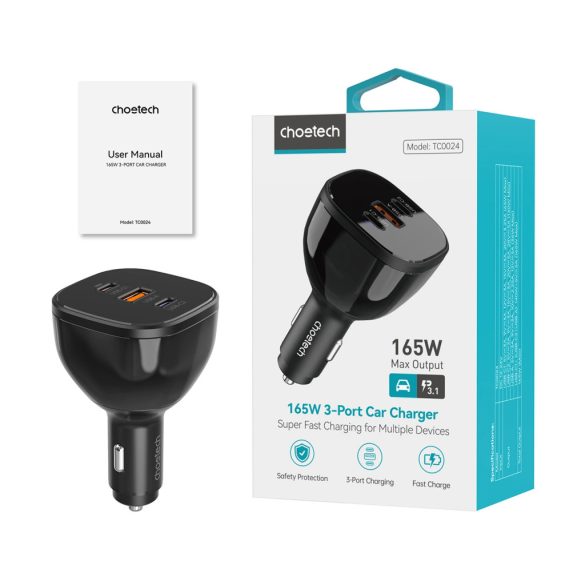 Choetech TC0024 autós töltő 1xUSB-A és 1xUSB-C csatlakozással 160W PD3.1 - fekete