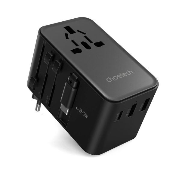 Choetech PD5020 EU/US/AUS/UK utazó adapter beépített Type-C kábellel 35W - fekete