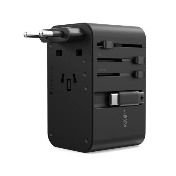 Choetech PD5020 EU/US/AUS/UK utazó adapter beépített Type-C kábellel 35W - fekete