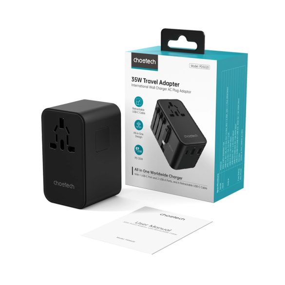 Choetech PD5020 EU/US/AUS/UK utazó adapter beépített Type-C kábellel 35W - fekete