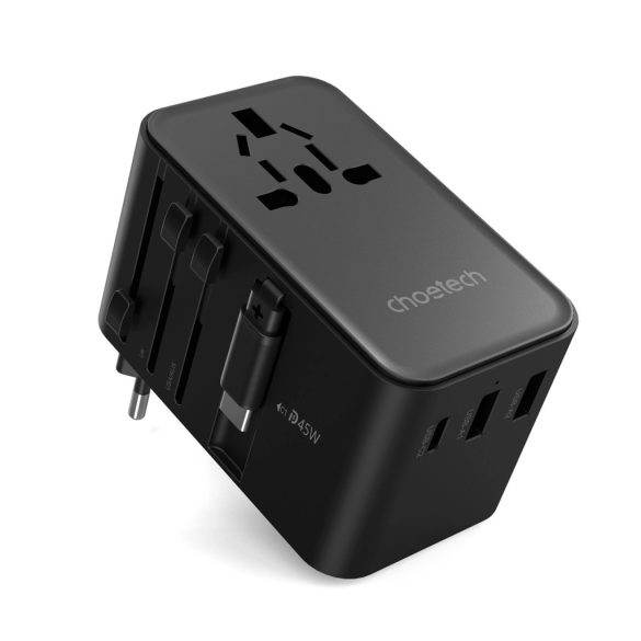 Choetech PD5021 EU/US/AUS/UK utazó adapter beépített Type-C kábellel 45W - fekete