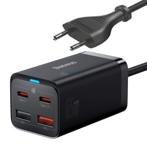 Baseus CCGP040101 hálózati töltő 2xUSB-A és 2xUSB-C csatlakozással GaN3 65W PD QC4.0 1m - fekete