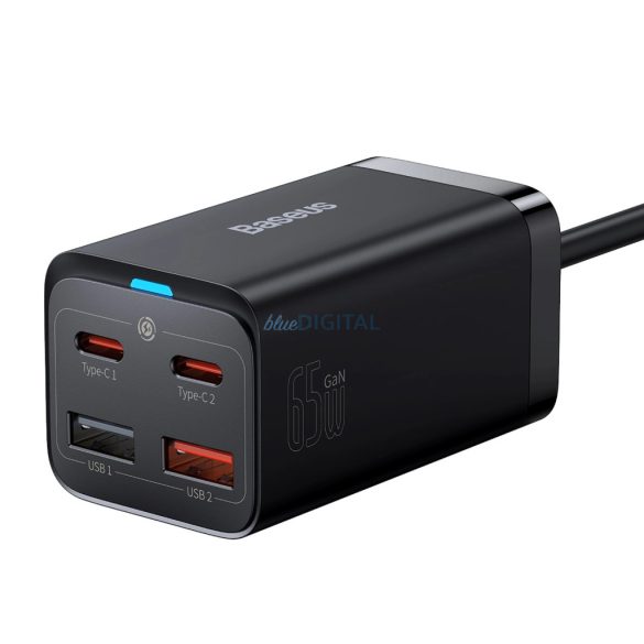 Baseus CCGP040101 hálózati töltő 2xUSB-A és 2xUSB-C csatlakozással GaN3 65W PD QC4.0 1m - fekete