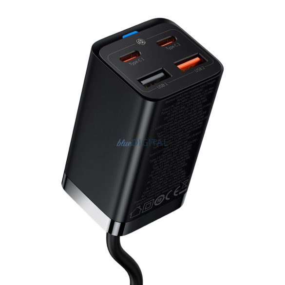 Baseus CCGP040101 hálózati töltő 2xUSB-A és 2xUSB-C csatlakozással GaN3 65W PD QC4.0 1m - fekete