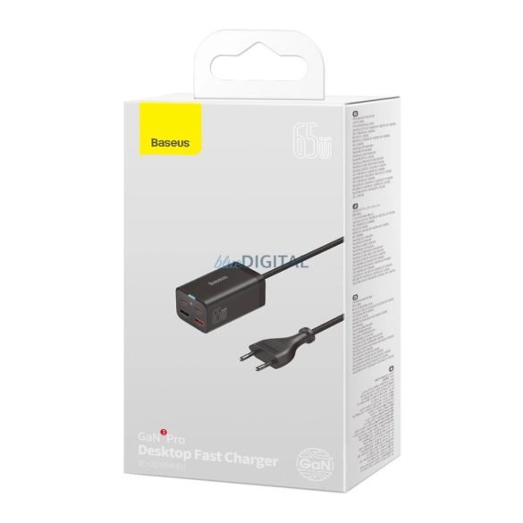 Baseus CCGP040101 hálózati töltő 2xUSB-A és 2xUSB-C csatlakozással GaN3 65W PD QC4.0 1m - fekete