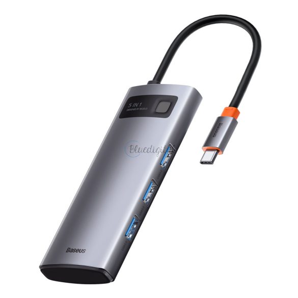 Baseus Metal Gleam Series 5 az 1-ben multifunkciós Type-C USB-Hub 3xUSB-A, 1xUSB-C, 1xHDMI 30Hz - szürke