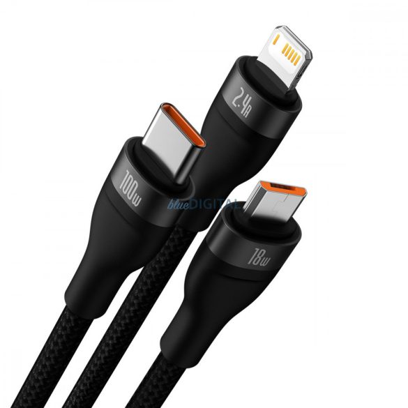 Baseus Flash sorozat Ⅱ Egy a háromhoz gyors töltő adatkábel USB és M+L+C 100W 1.2m Fekete