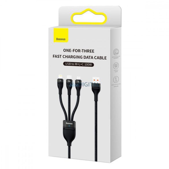 Baseus Flash sorozat Ⅱ Egy a háromhoz gyors töltő adatkábel USB és M+L+C 100W 1.2m Fekete