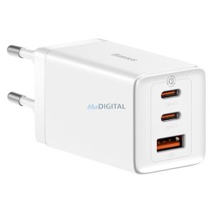 Baseus CCGP120202 hálózati töltő 1xUSB-A és 2xUSB-C csatlakozással és Type-C - Type-C 1m kábellel GaN 65W - fehér