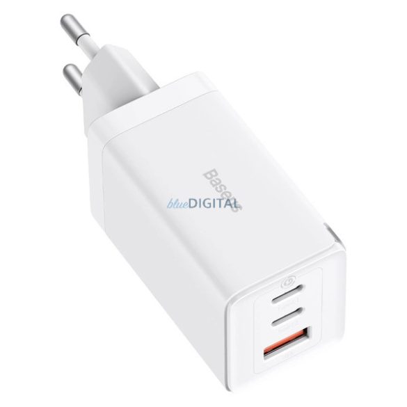 Baseus CCGP120202 hálózati töltő 1xUSB-A és 2xUSB-C csatlakozással és Type-C - Type-C 1m kábellel GaN 65W - fehér