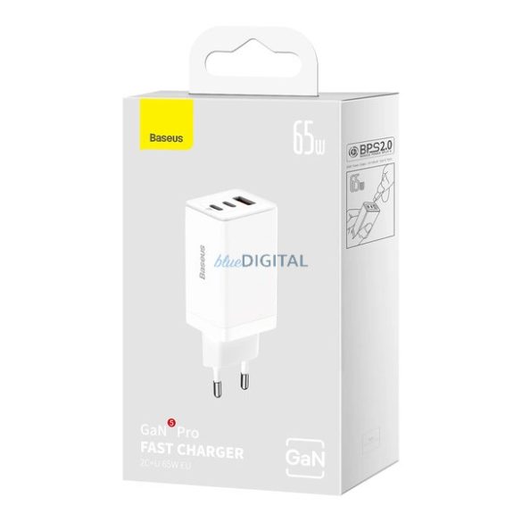 Baseus CCGP120202 hálózati töltő 1xUSB-A és 2xUSB-C csatlakozással és Type-C - Type-C 1m kábellel GaN 65W - fehér