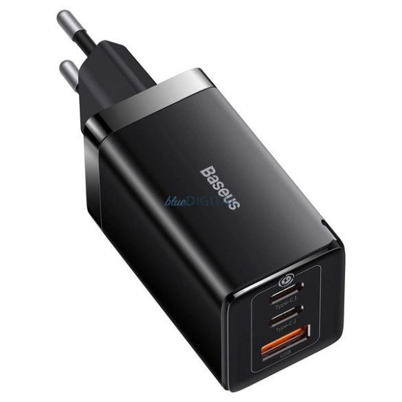 Baseus CCGP120201 hálózati töltő 1xUSB-A és 2xUSB-C csatlakozással és Type-C - Type-C 1m kábellel GaN 65W - fekete