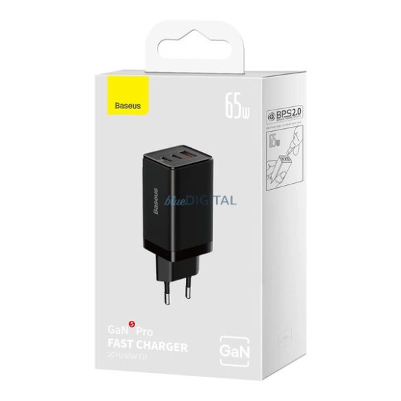 Baseus CCGP120201 hálózati töltő 1xUSB-A és 2xUSB-C csatlakozással és Type-C - Type-C 1m kábellel GaN 65W - fekete