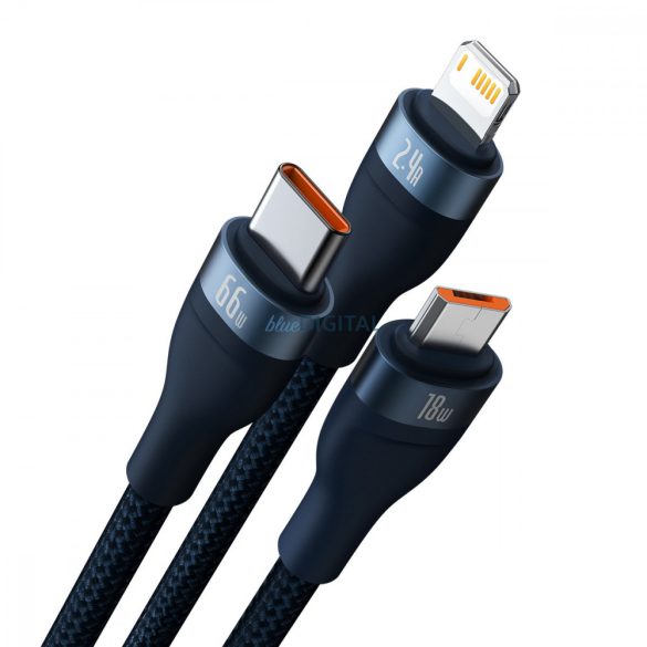 Baseus Flash sorozat Ⅱ 3in1 kábel gyors töltéssel USB-A USB-C / Micro-USB / Lightning 66W 480Mb/s 1.2m kék