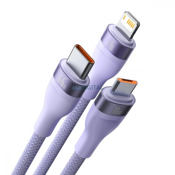 Baseus Flash sorozat Ⅱ 3in1 kábel gyors töltéssel USB-A USB-C / Micro-USB / Lightning 66W 480Mb/s 1.2m lila