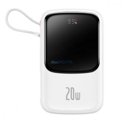   Baseus Qpow Qpow digitális kijelzős Power Bank gyors töltéssel 10000mAh 20W QC/PD/SCP/FCP beépített Lightning kábellel Fehér