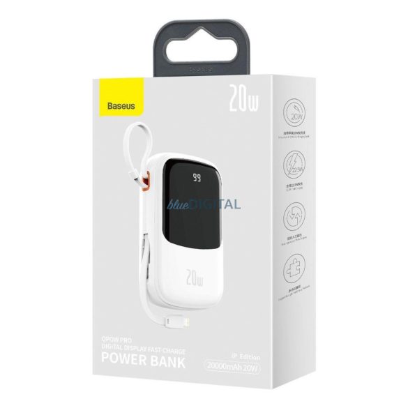 Baseus Qpow Digital Display powerbank 20000mAh 20W QC beépített Lightning kábellel - fehér