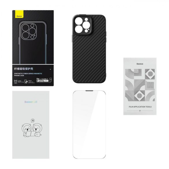 Armor tok iPhone 14 Pro MagSafe kompatibilis Baseus Synthetic Fiber edzett üveggel - fekete