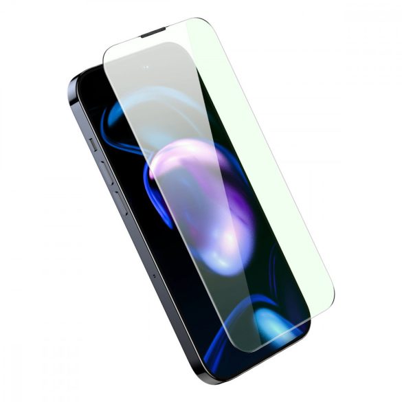 Baseus teljes képernyős edzett üveg iPhone 14 Pro kék fény elleni szűrővel és 0,3 mm-es hangszóró védelemmel + rögzítő keret fólia