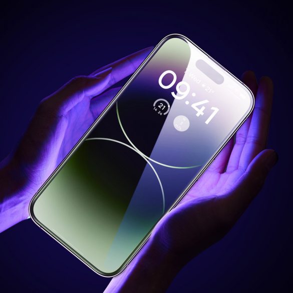 Baseus teljes képernyős edzett üveg iPhone 14 Pro kék fény elleni szűrővel és 0,3 mm-es hangszóró védelemmel + rögzítő keret fólia